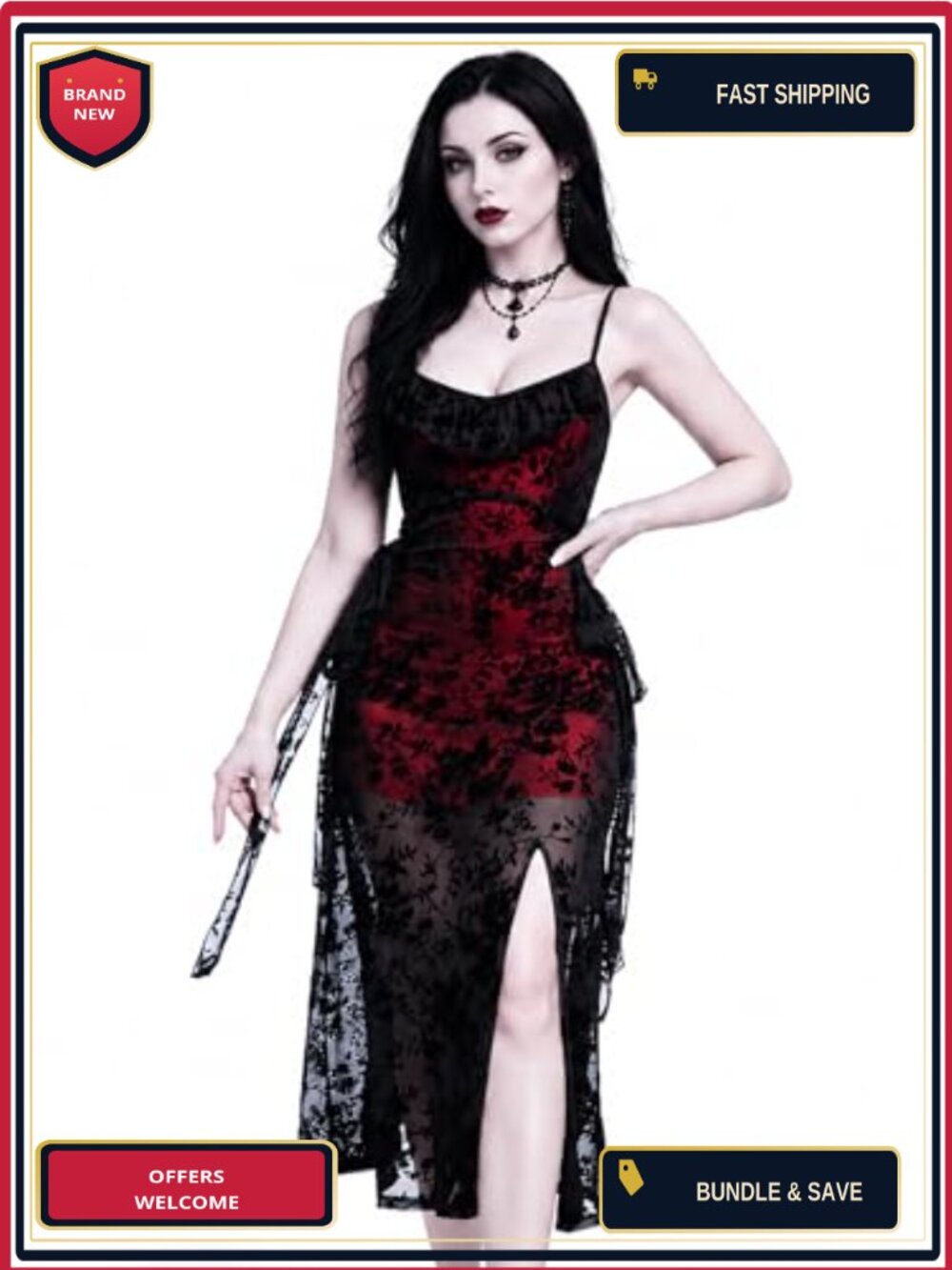 Velvet Gothic Victorian Dress Fitted Midi High Slit Halloween Costume